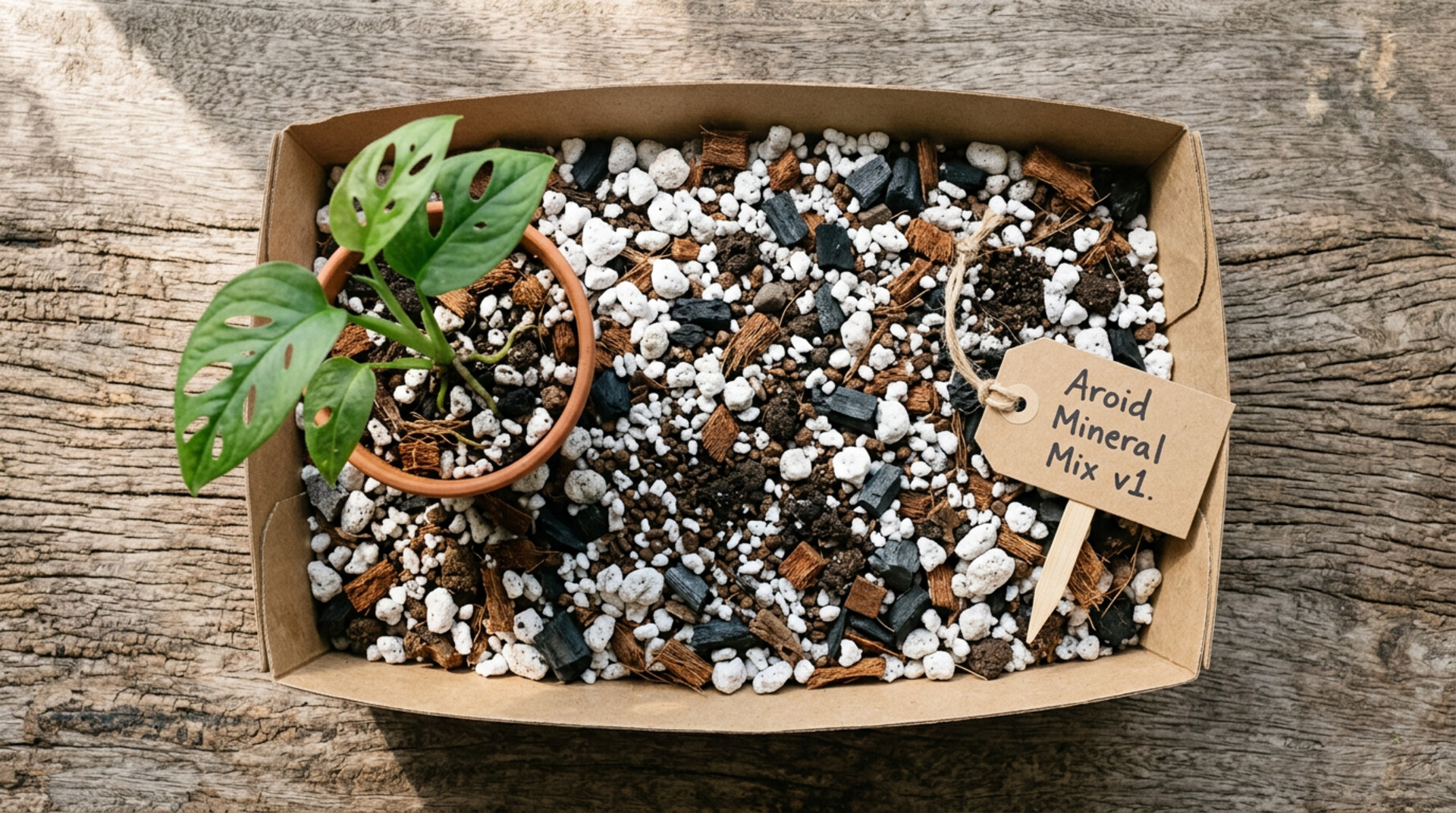 Kraft tray of chunky aroid mineral mix showing pumice, perlite, charcoal, and bark, with a young aroid plantlet and a handwritten label