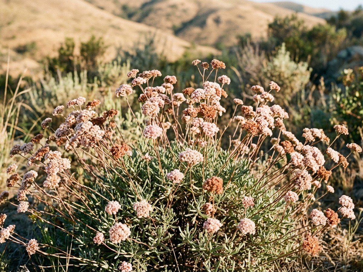 California Buckwheat (Eriogonum fasciculatum) in mid-summer bloom, button-flower clusters above wiry gray-green foliage