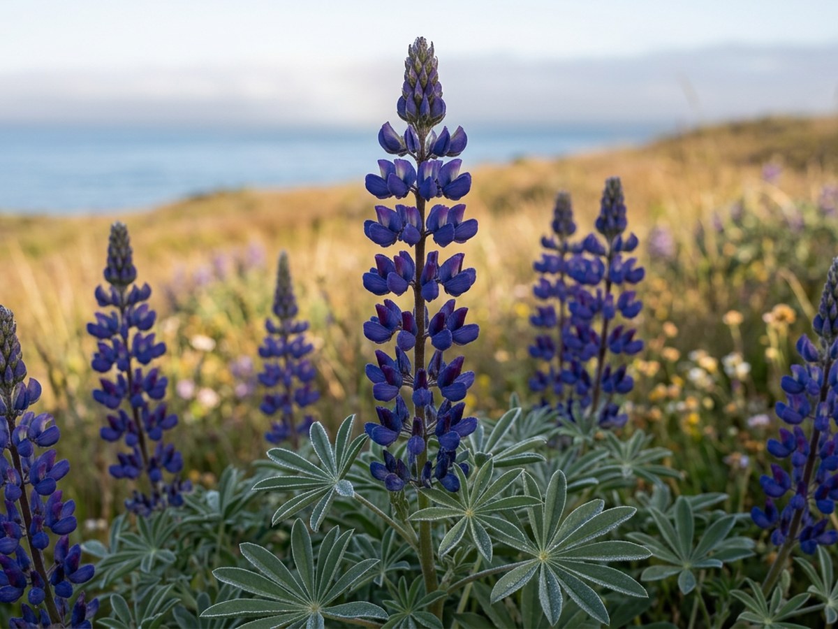 Native California Lupine (Lupinus) in bloom, tall blue-purple flower spire rising above palmate gray-green leaves on a coastal grassland