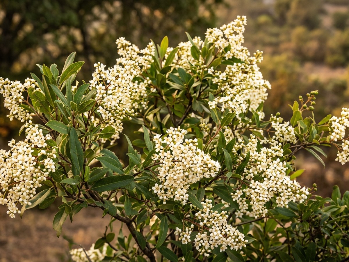 Toyon (Heteromeles arbutifolia) in full early-summer bloom, cascading panicles of small white flowers over glossy dark-green leaves