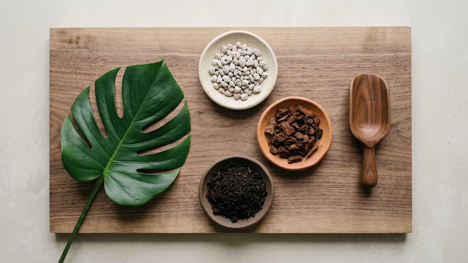 Substrate ingredients in ceramic bowls with brass scale