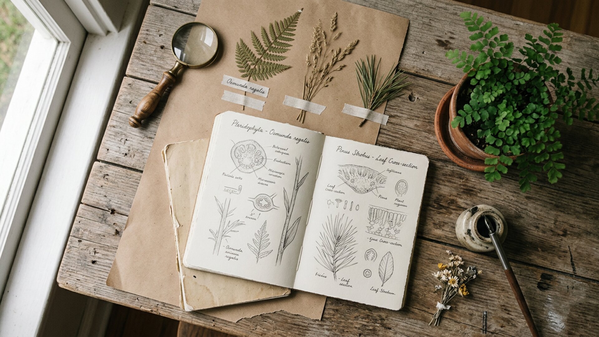 Open botanical study notebooks on weathered wood with hand-drawn plant cross-sections, dried botanical pressings, and a brass magnifying glass