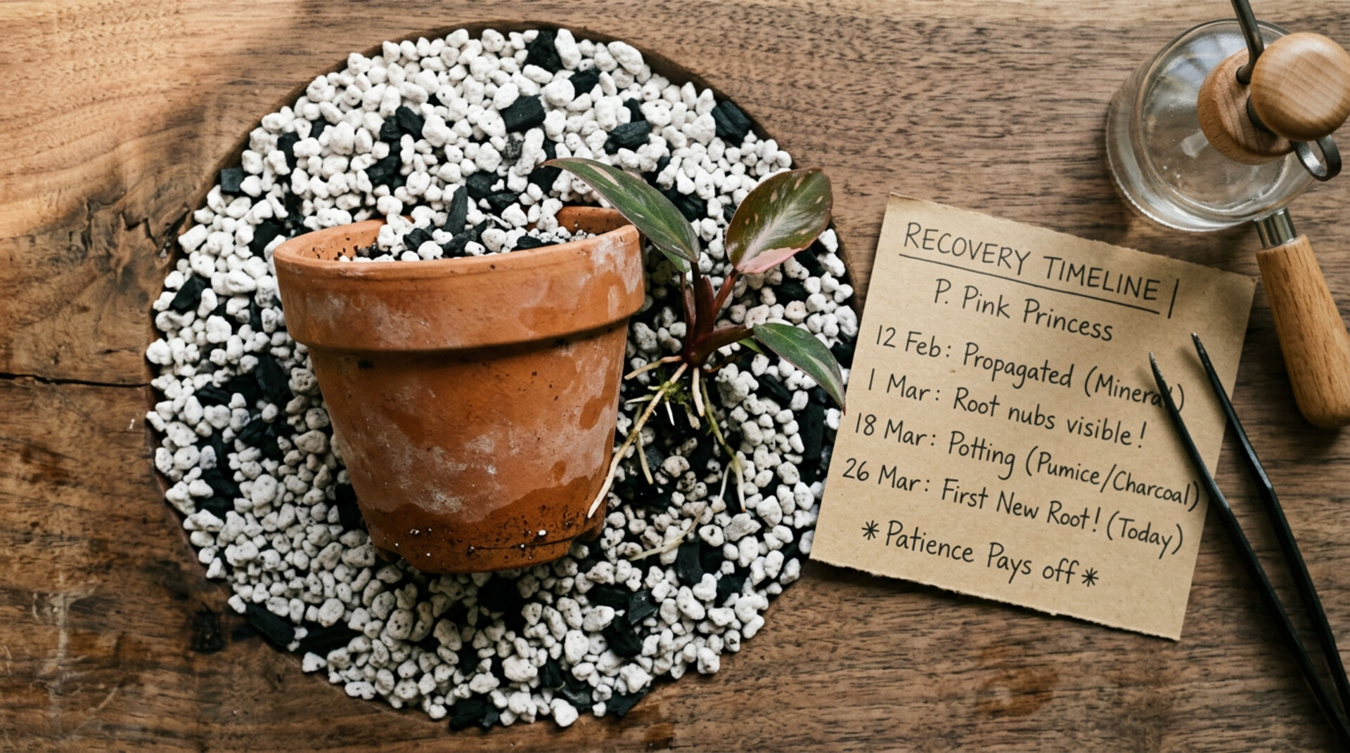 Terracotta pot half-buried in pure white pumice and charcoal mineral substrate, recovering aroid plantlet beside a handwritten recovery timeline