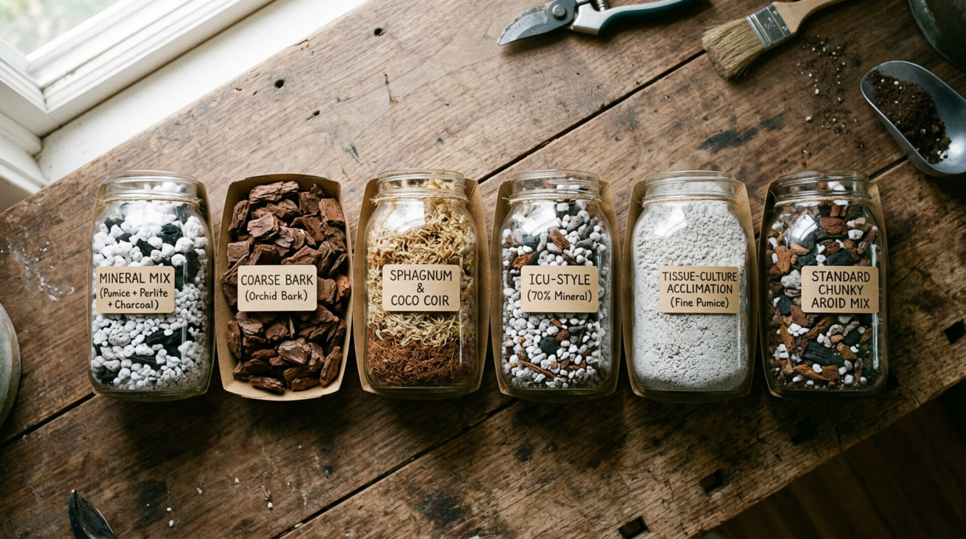 Six labeled mason jars on a walnut workbench, each showing a different aroid substrate recipe through the glass