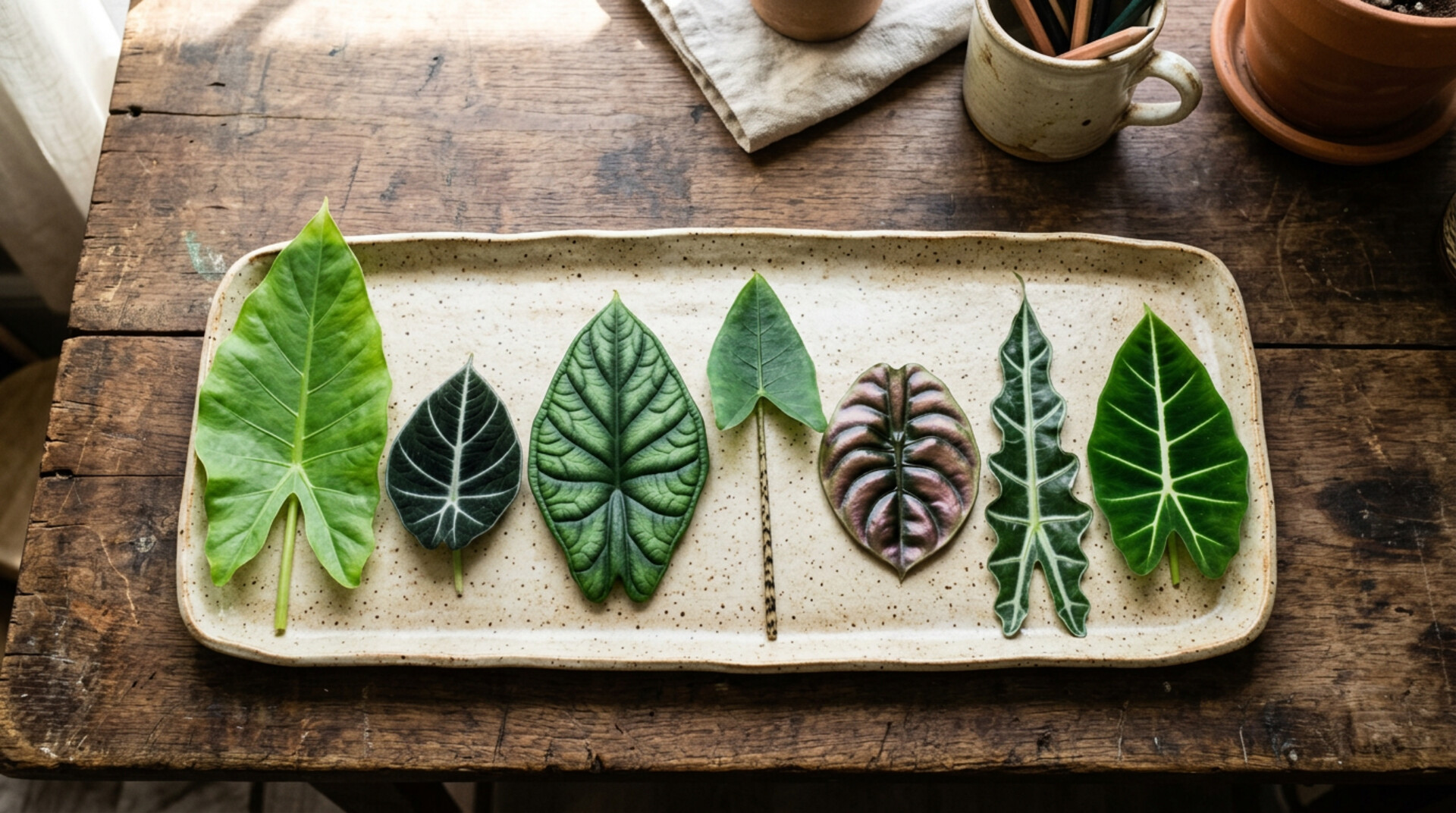 Seven Alocasia leaves arranged on a ceramic specimen tray on weathered walnut — macrorrhizos, Black Velvet, Dragon Scale, Zebrina, Cuprea, Sanderiana, and Frydek