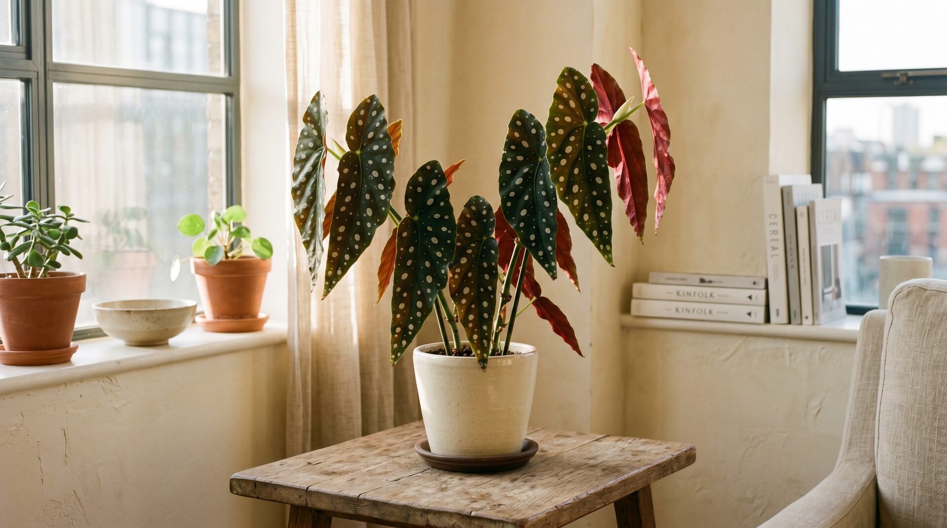 Begonia maculata leaves showing olive-green with white polka dots and deep red undersides