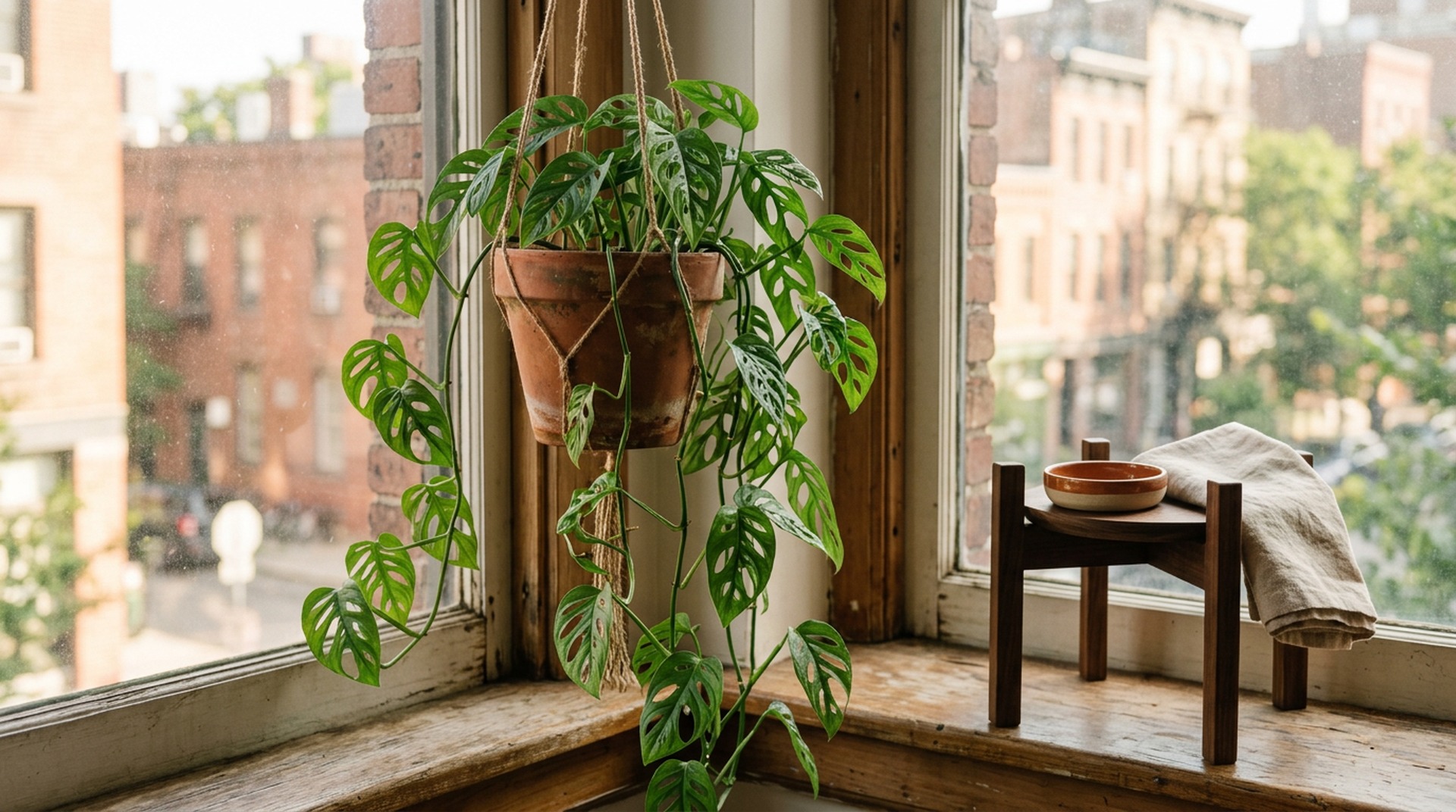 Monstera adansonii hanging in a macrame planter by a bright apartment window