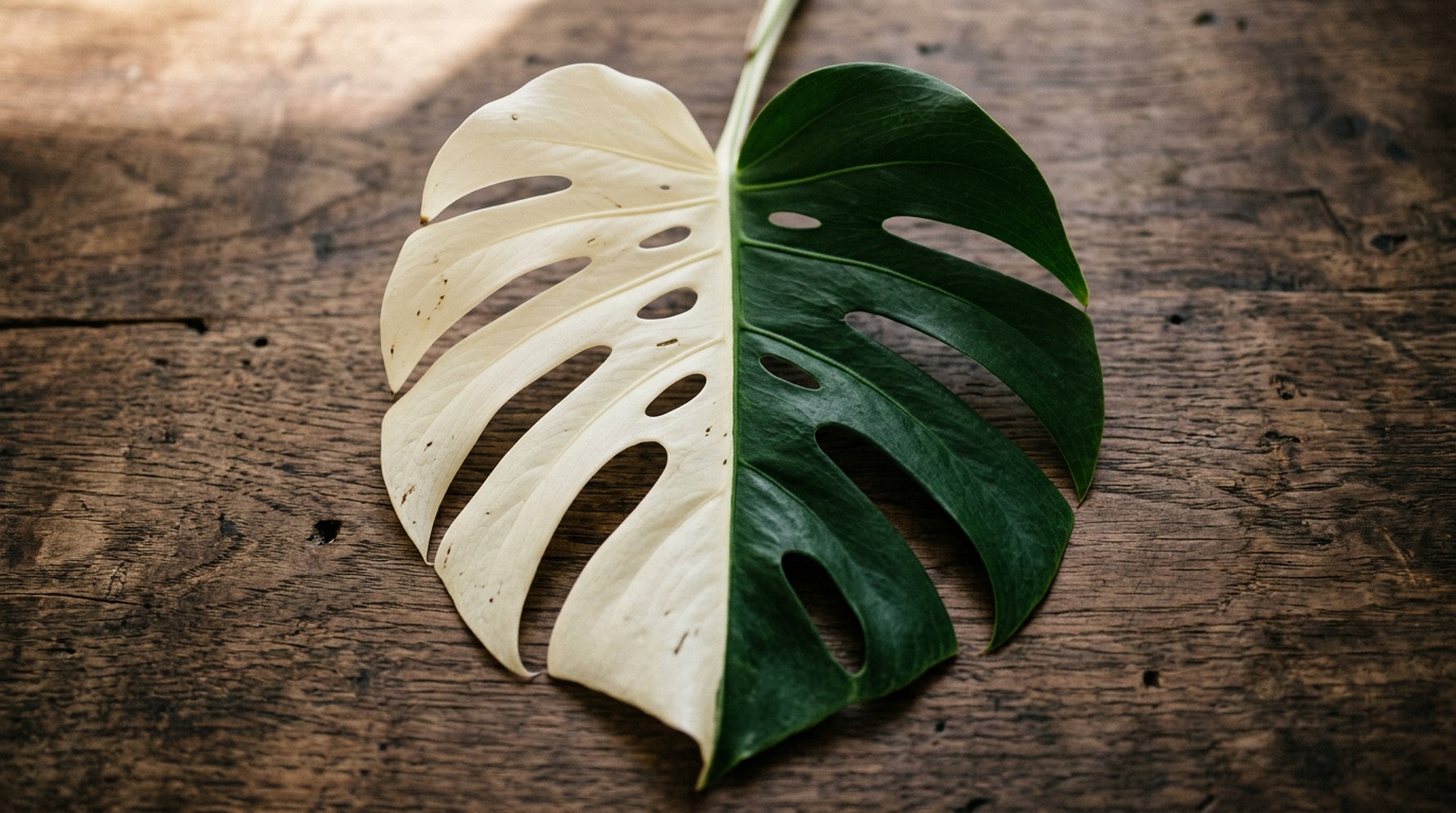 Half-moon variegated Monstera deliciosa Albo leaf on weathered walnut