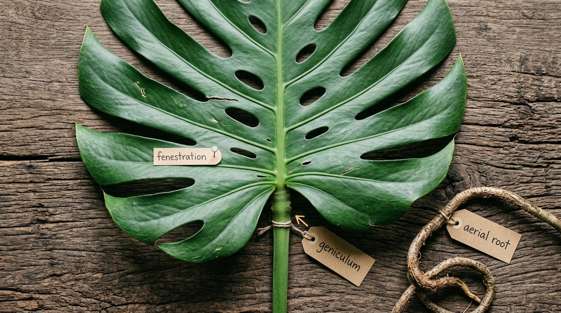 Single overhead Monstera deliciosa leaf with anatomical labels for fenestration, geniculum, and aerial root