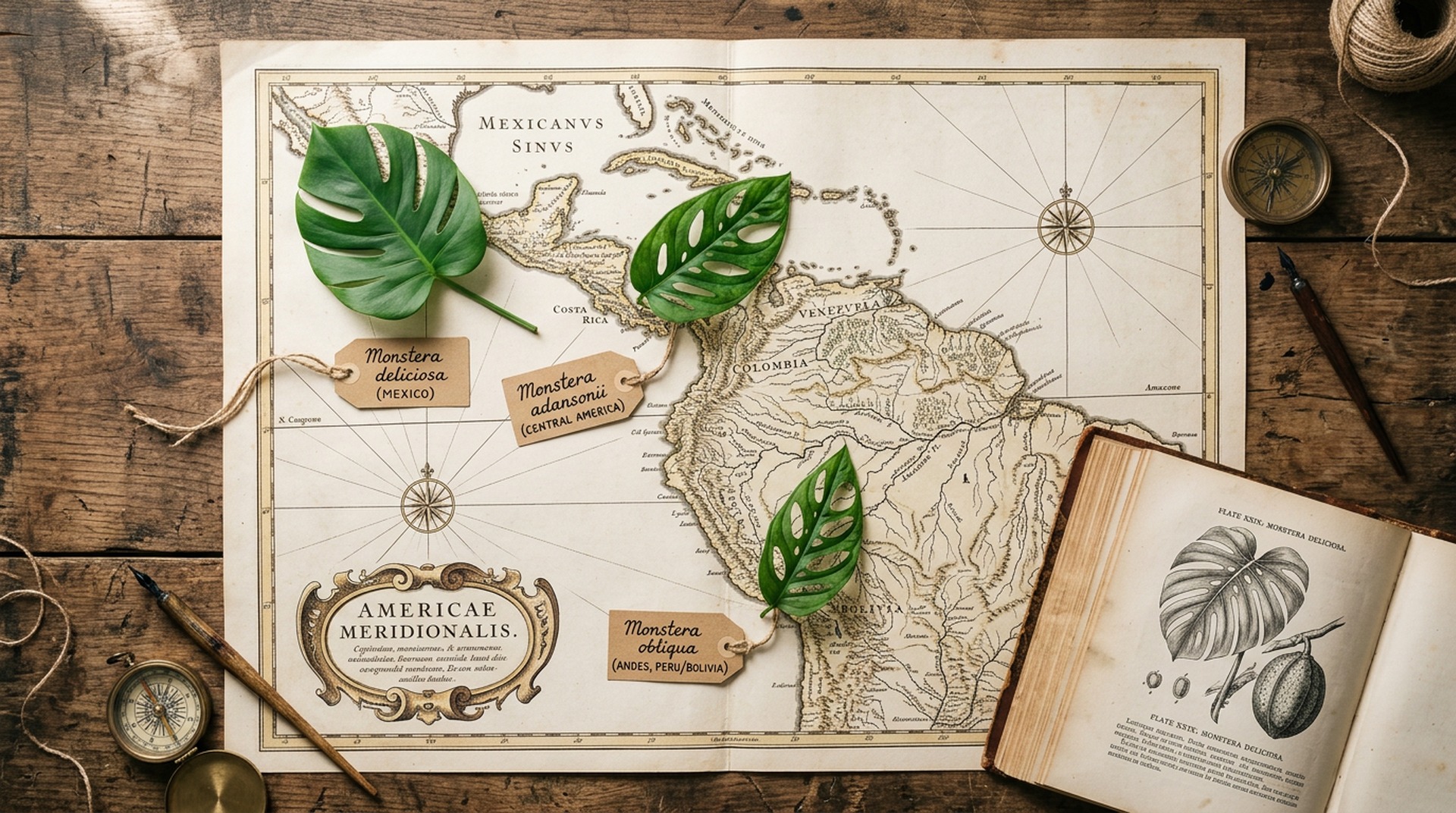 Antique map of Central and South America with Monstera leaves placed on their native regions