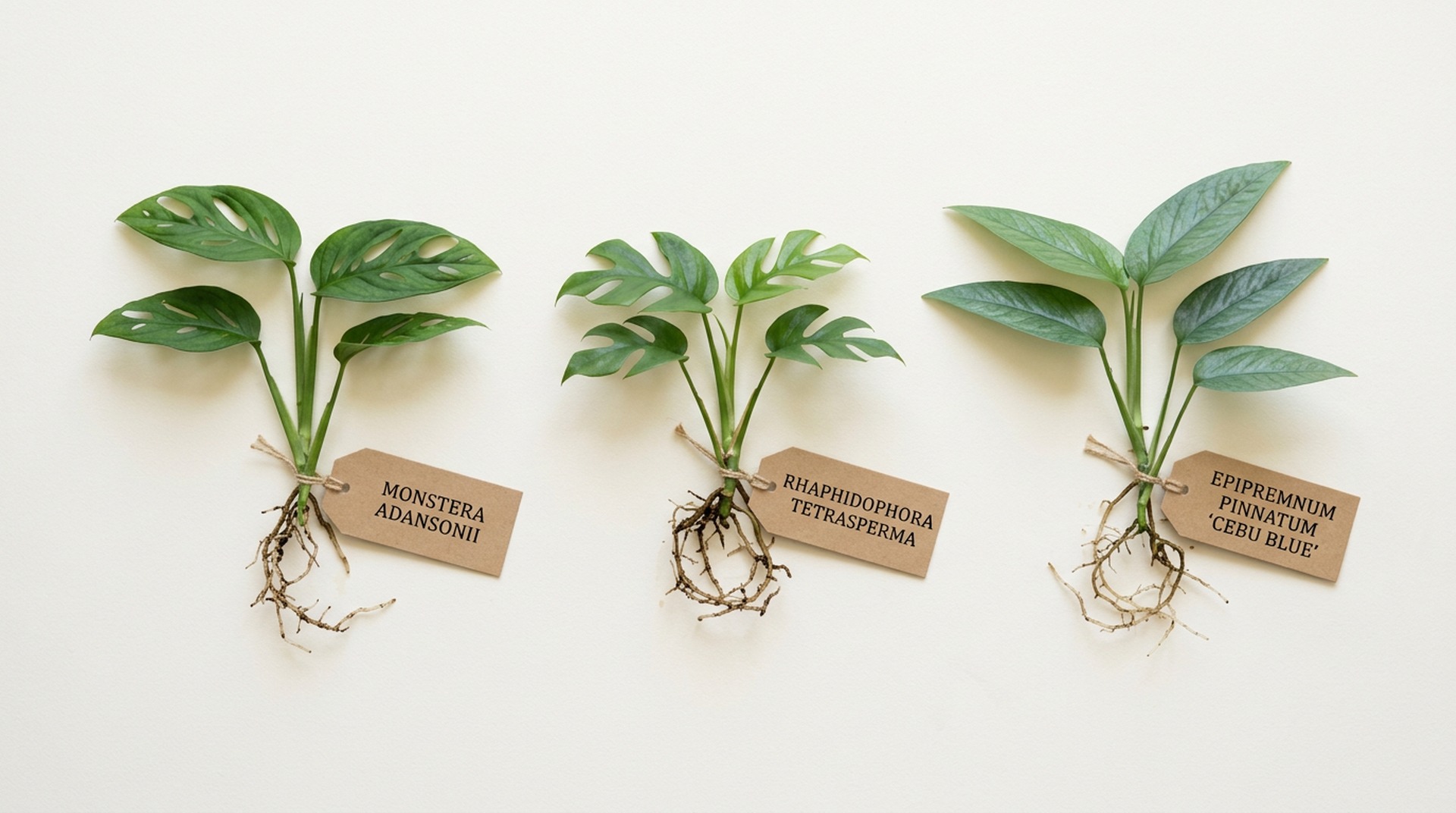 Three young aroid plants labeled Monstera adansonii, Rhaphidophora tetrasperma, and Epipremnum pinnatum Cebu Blue
