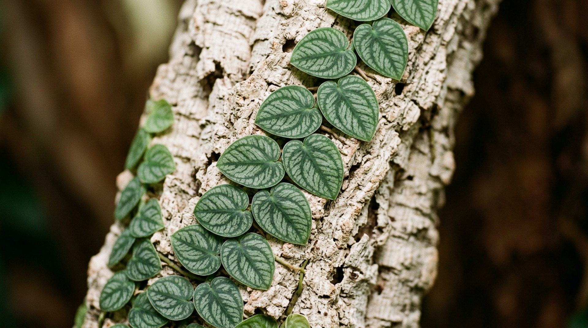 Juvenile Monstera dubia shingling against bark