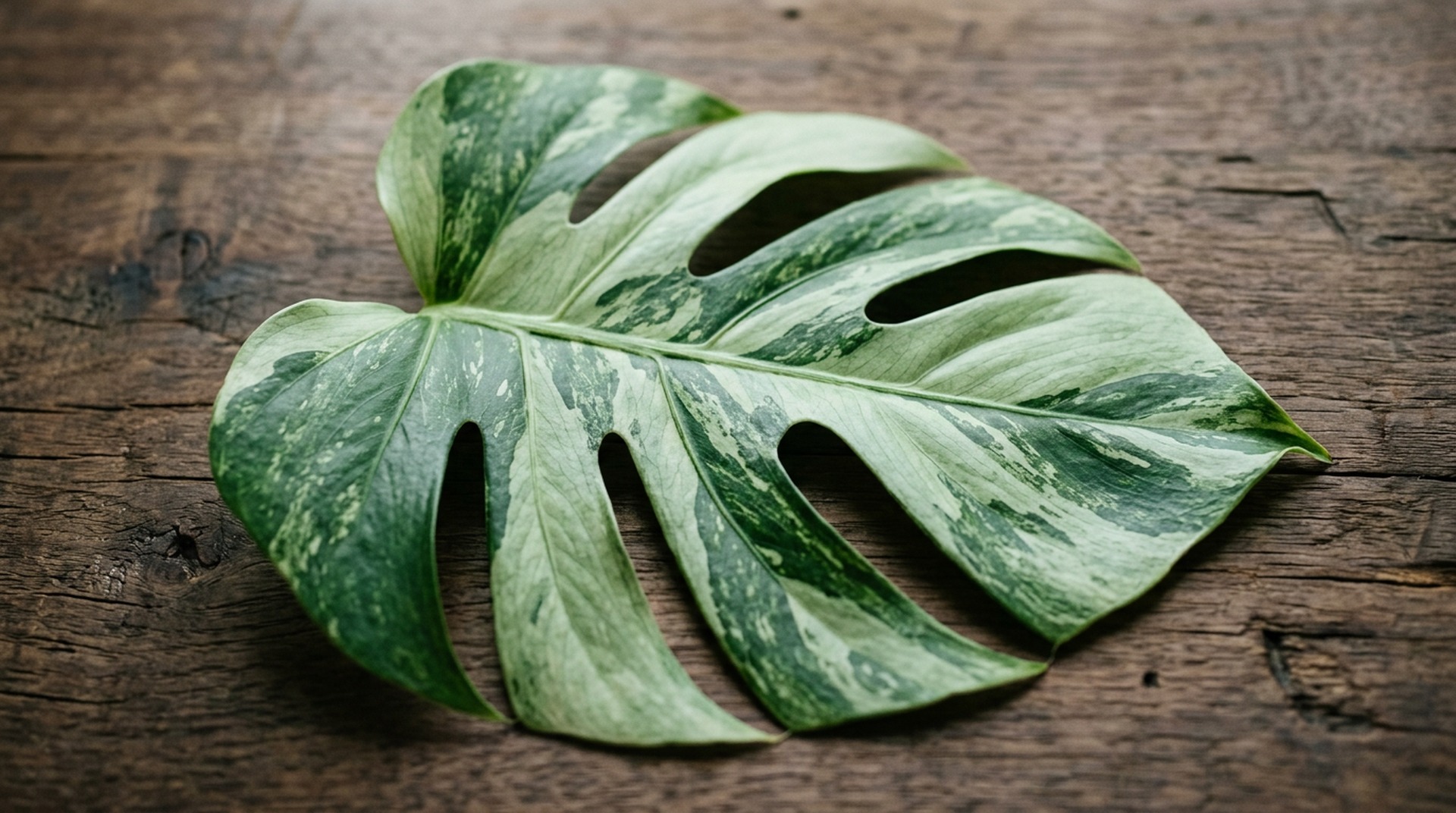 Pale-green Monstera Mint variegata leaf on weathered walnut