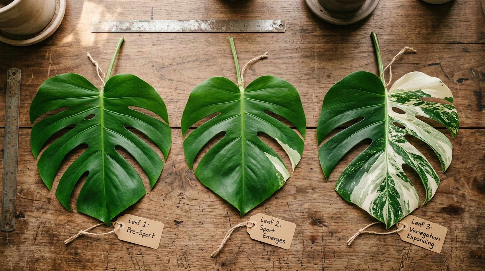 Three leaves showing the progression of a variegated sport