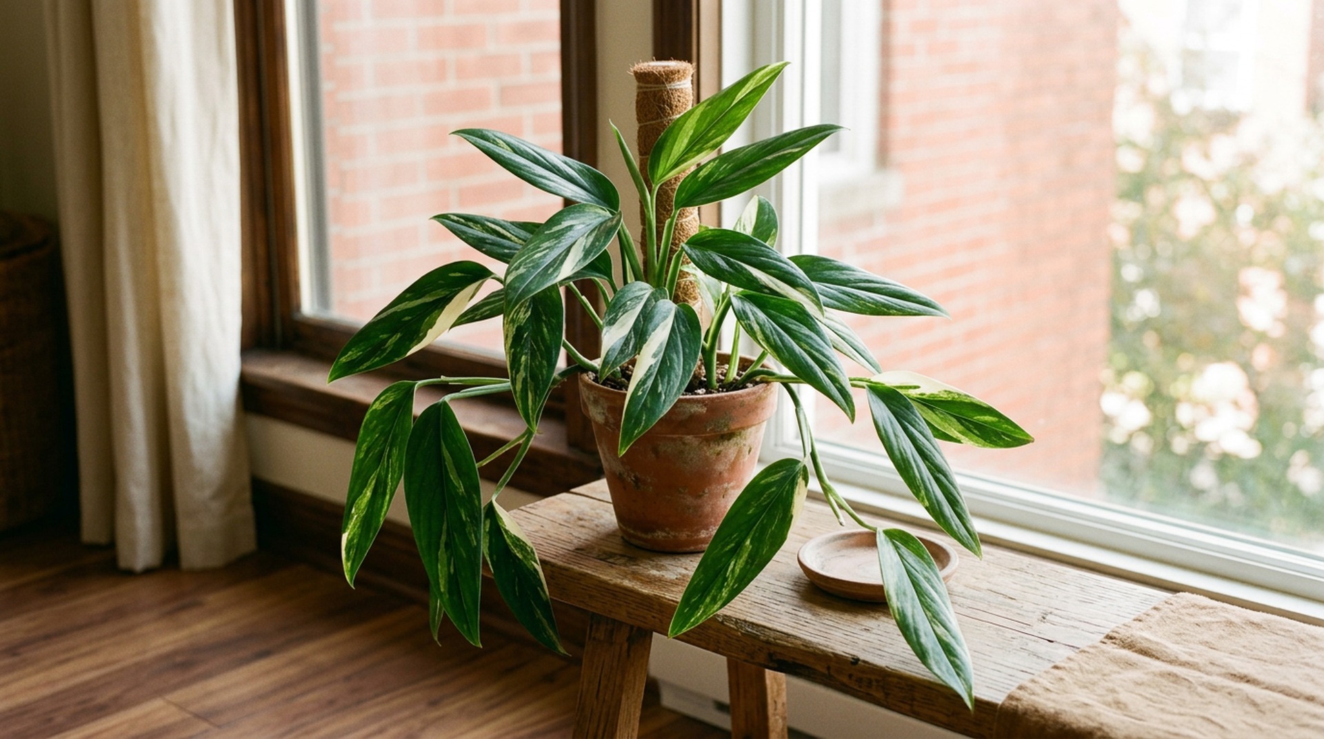 Variegated Monstera standleyana with long entire leaves and creamy variegation