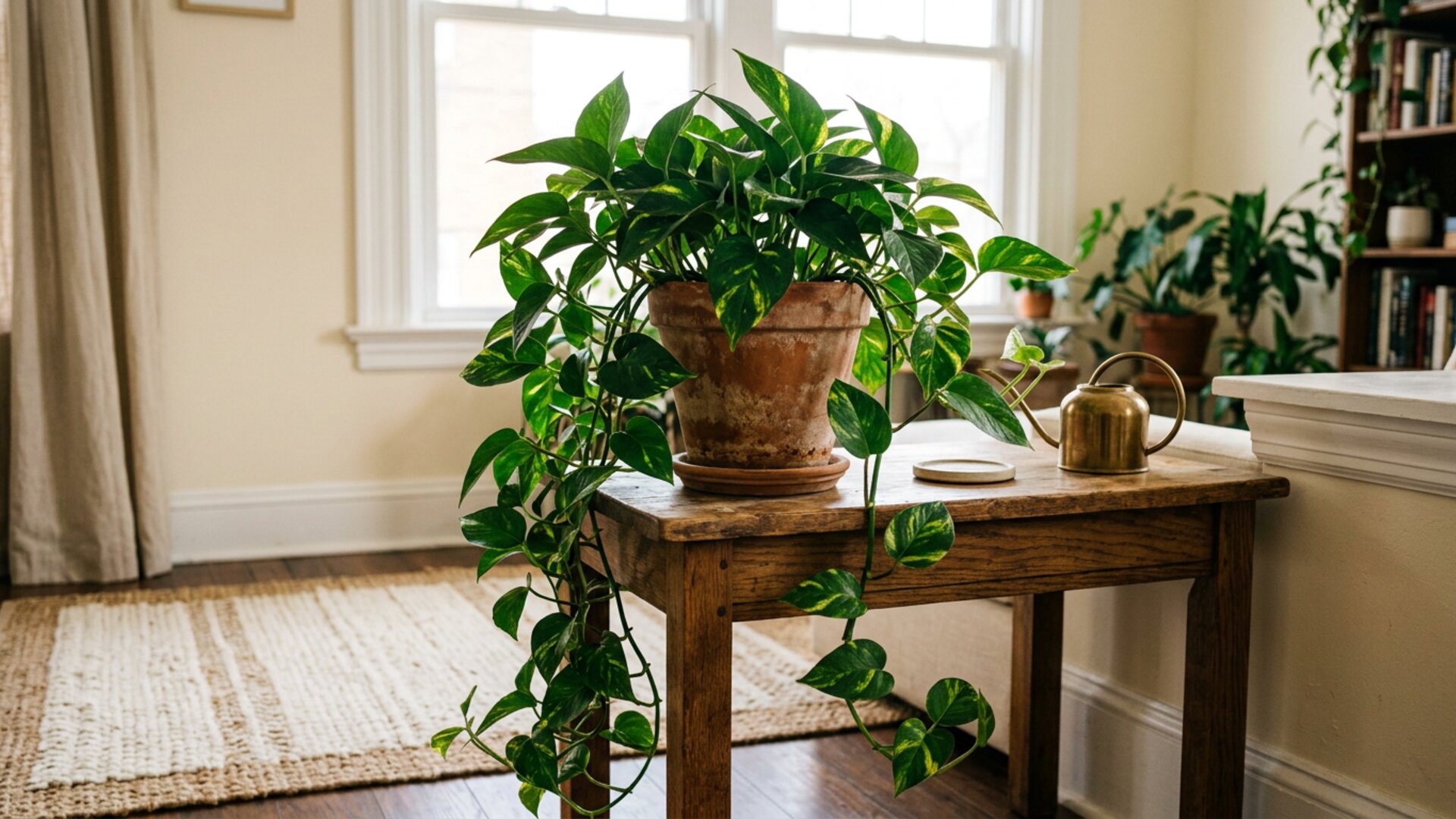 Healthy golden pothos in terracotta pot near sunlit window