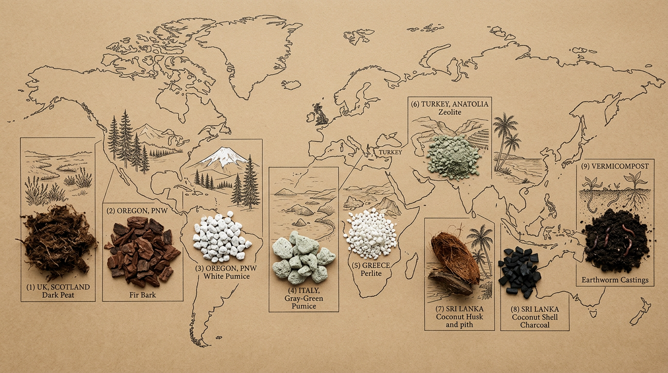 Map of substrate ingredients traced to their global origins: peat, coir, bark, pumice, perlite, zeolite, charcoal, vermicompost