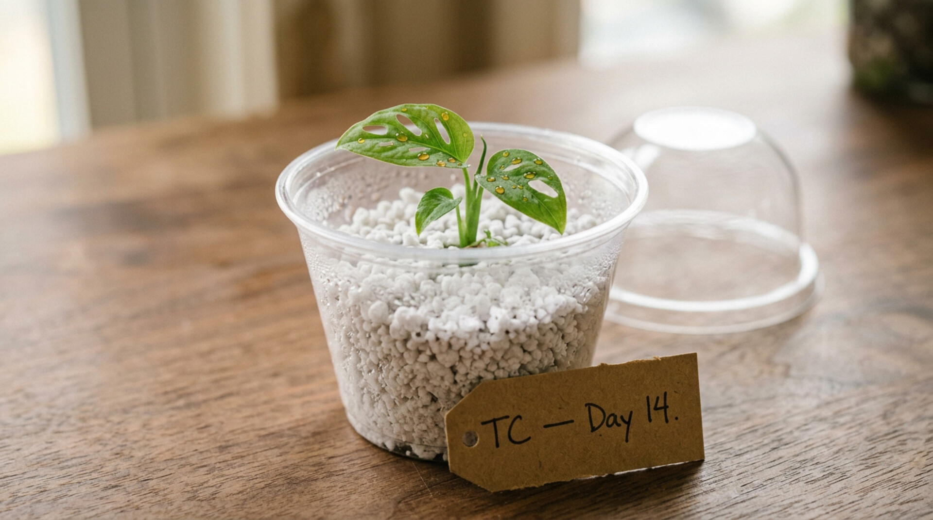 Tissue culture plantlet in a clear deli cup of white pumice, beside a humidity dome and a handwritten TC Day 14 kraft tag