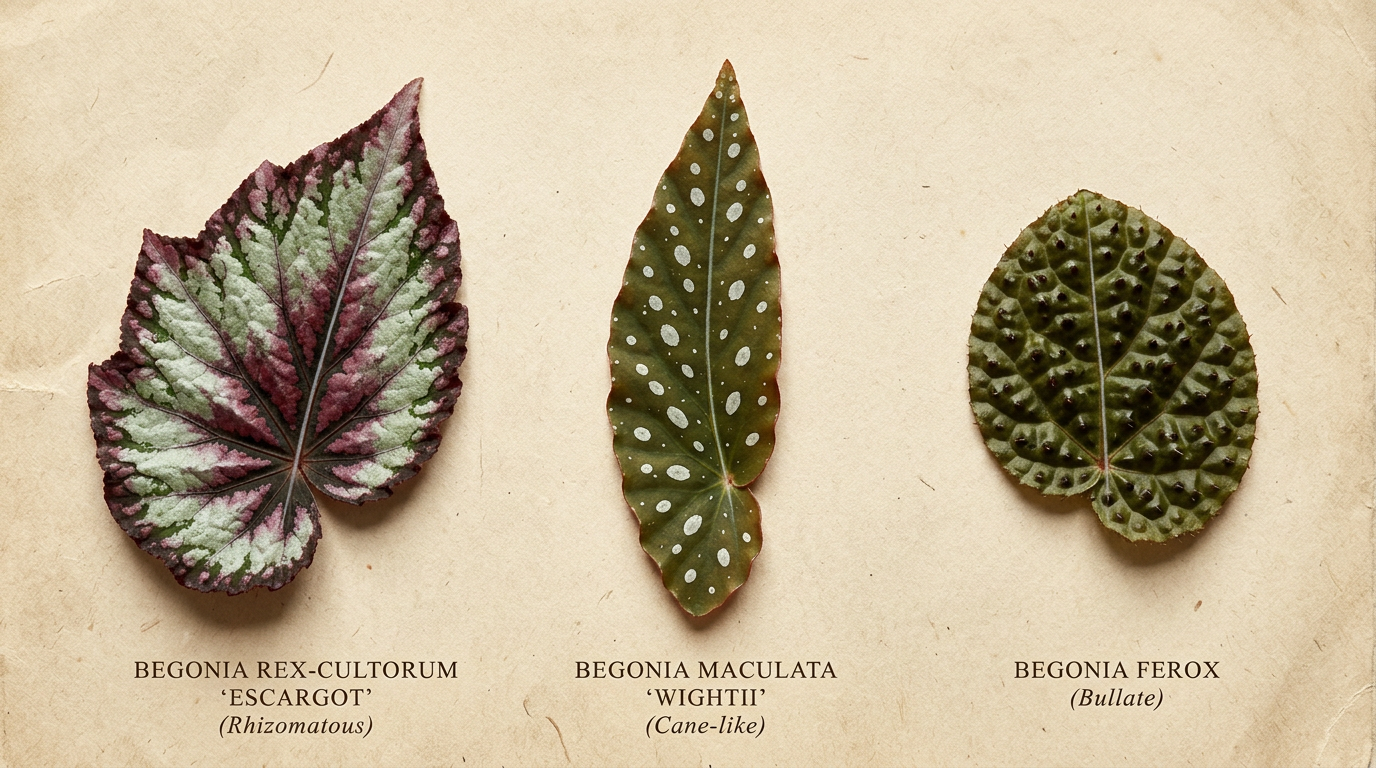 Three-panel botanical specimen plate showing three Begonia leaves with the characteristic off-center midrib and oblique base: a Rex-type rhizomatous leaf, a Maculata-style cane leaf, and a Begonia ferox leaf with armored bullate texture