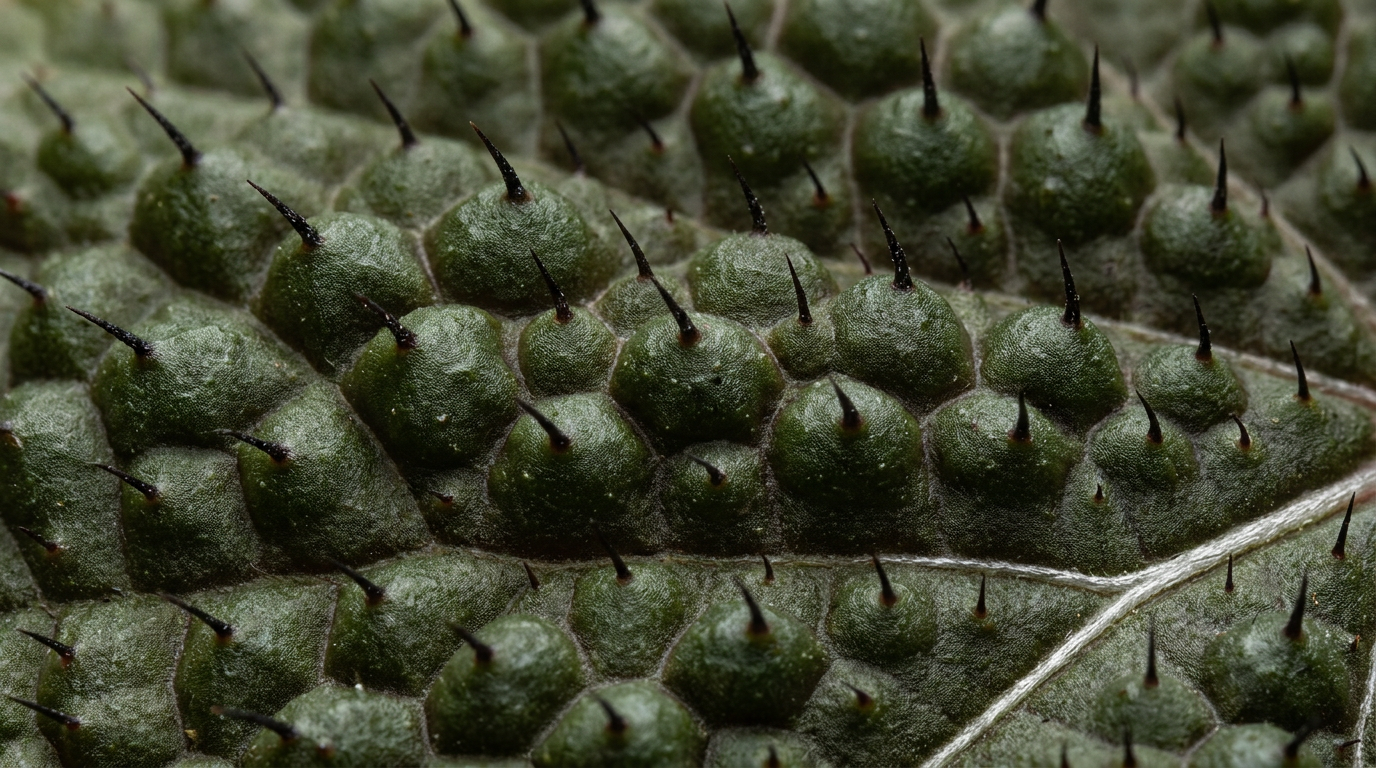 Extreme macro photograph of the upper surface of a Begonia ferox leaf, densely packed with rounded dome-shaped bullae like cobblestones, each tipped with a dark stiff trichome, with a single silvery-white lateral vein entering the lower right corner