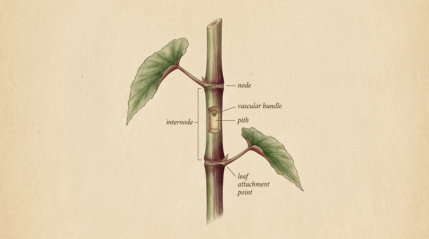 Botanical illustration of a cane Begonia stem segment showing two clear nodes with an internode between them, a cutaway window exposing the central pith and vascular bundle, and two alternating asymmetric angel-wing leaves emerging from the nodes