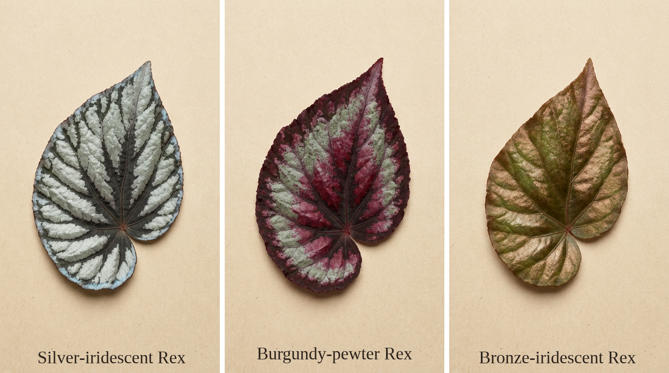 Three-panel comparison plate showing three Rex Begonia hybrid leaves under matched studio lighting: a silver-iridescent Rex with blue undertones, a burgundy-pewter Rex, and a bronze-iridescent Rex on an olive-green ground