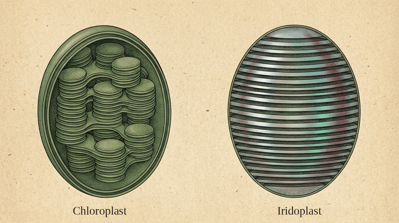 Two plant cell organelles compared side by side: a normal chloroplast on the left with thylakoid membranes stacked irregularly in random patterns, and an iridoplast on the right with thylakoid membranes stacked in extremely regular uniform parallel bands producing a visible silver-and-blue iridescent shimmer