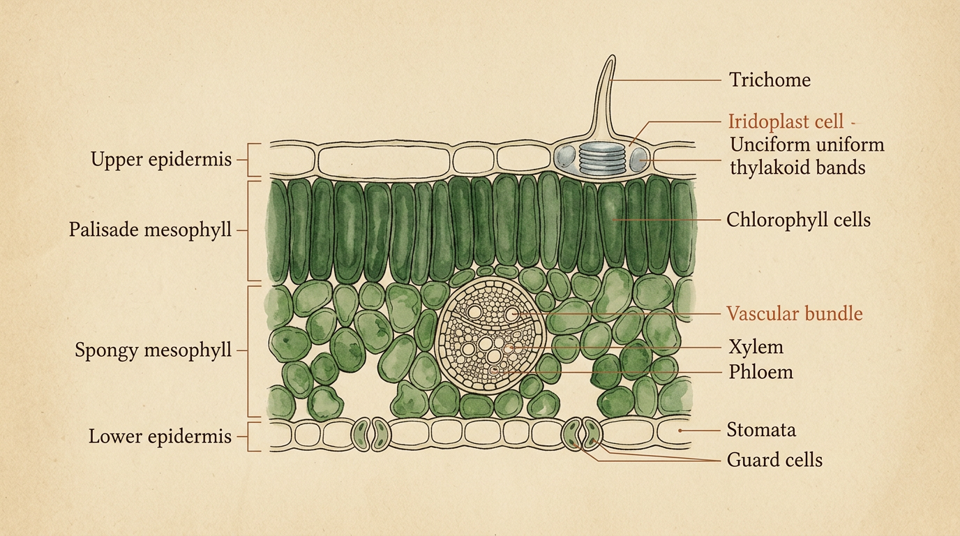 Vertical cross-section of a Begonia leaf showing the four functional tissue layers labeled: upper epidermis with iridoplast cell and trichome, palisade mesophyll, spongy mesophyll with air spaces, lower epidermis with stomata and guard cells