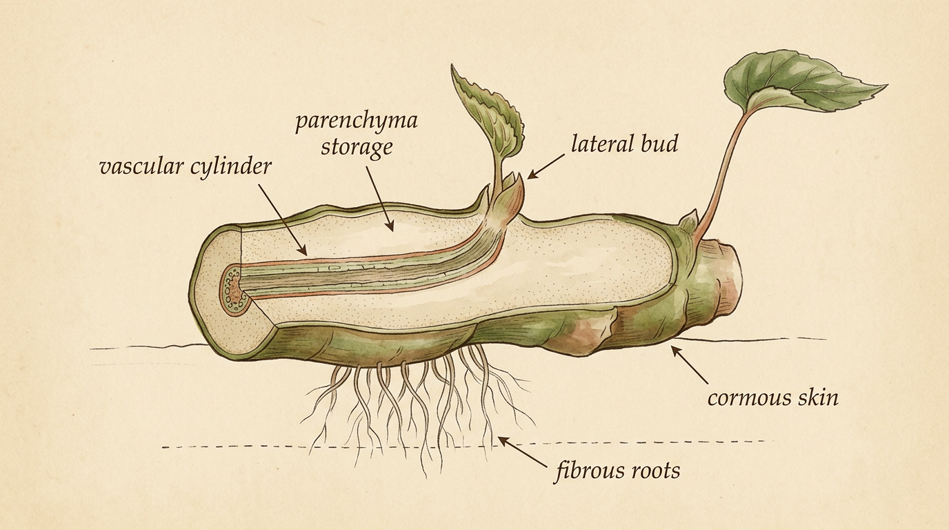 Botanical cutaway illustration of a Begonia rhizome showing the central vascular cylinder running lengthwise, starch-rich parenchyma storage tissue, a lateral bud emerging as a young curled leaf, fibrous roots descending into a sketched substrate line, and the cormous skin of the modified stem