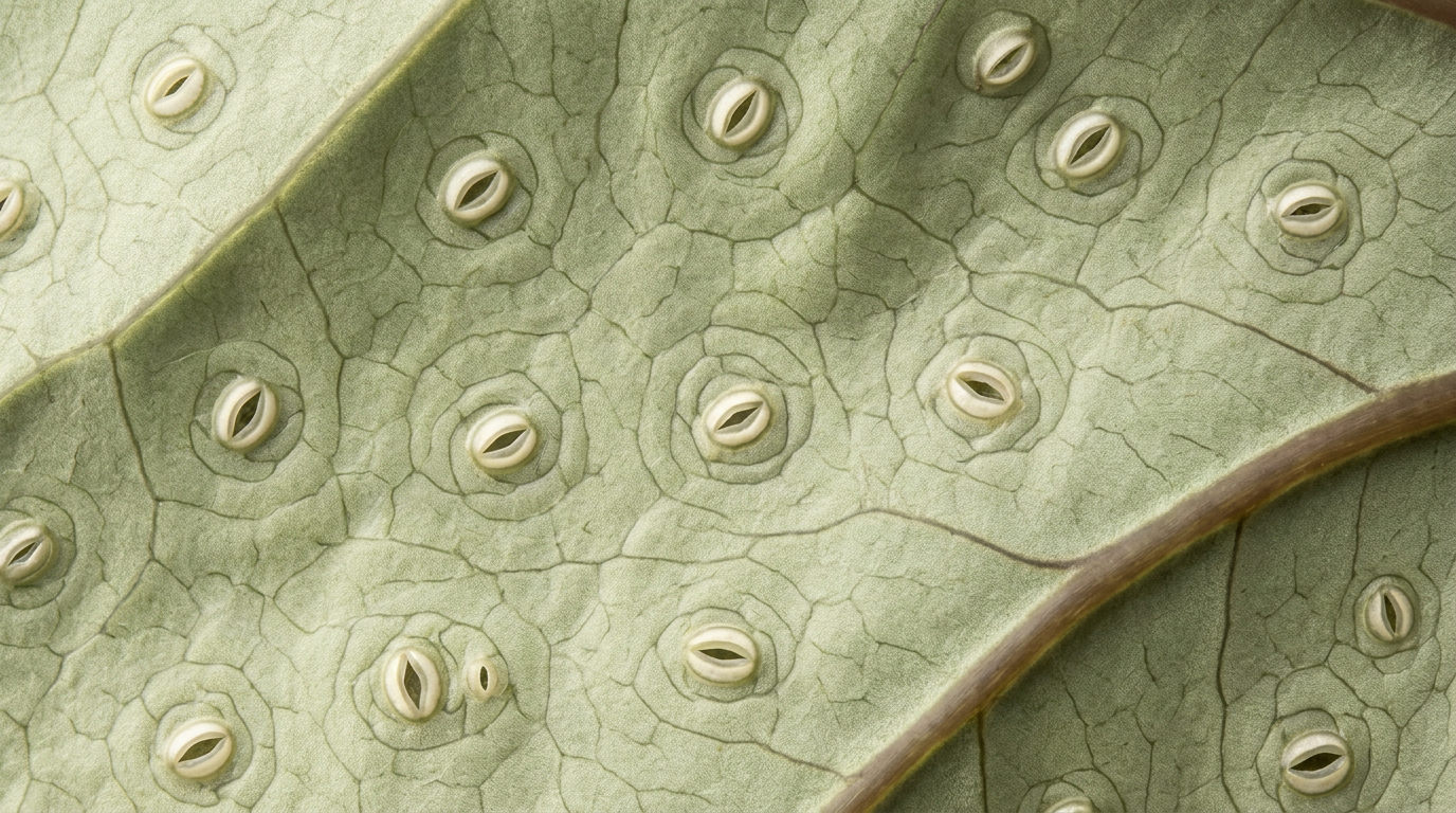 Extreme macro photograph of the underside of a Begonia leaf showing dense helicocytic stomata as small mouth-shaped pores in subtle spiral clusters across pale sage-green epidermis, with a single walnut-toned lateral vein arcing through the lower right corner