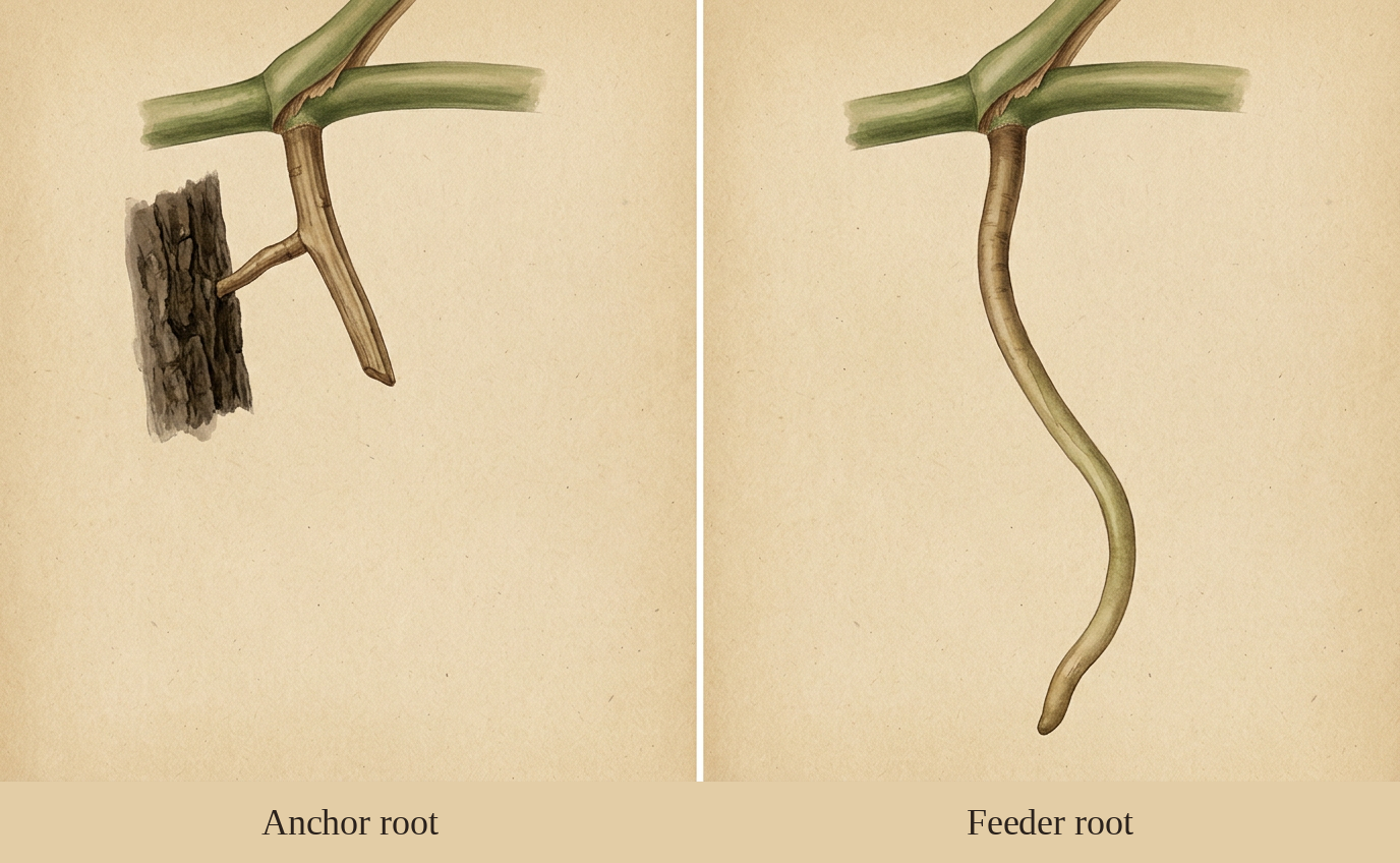 Two-panel botanical specimen plate of Monstera aerial roots emerging from horizontal stem segments at top: a short stiff flat anchor root pressed against bark on the left, and a long thick flexible feeder root descending in a graceful curve on the right