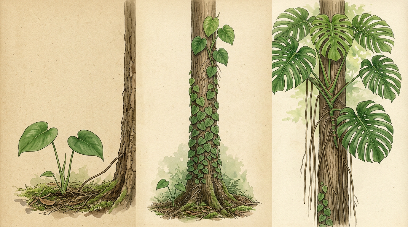 Composite botanical illustration showing the Monstera hemiepiphyte life cycle on a host tree: terrestrial seedling at the base of a trunk, shingled juvenile climbing mid-trunk, adult canopy form at the top with large fenestrated leaves and long feeder roots descending