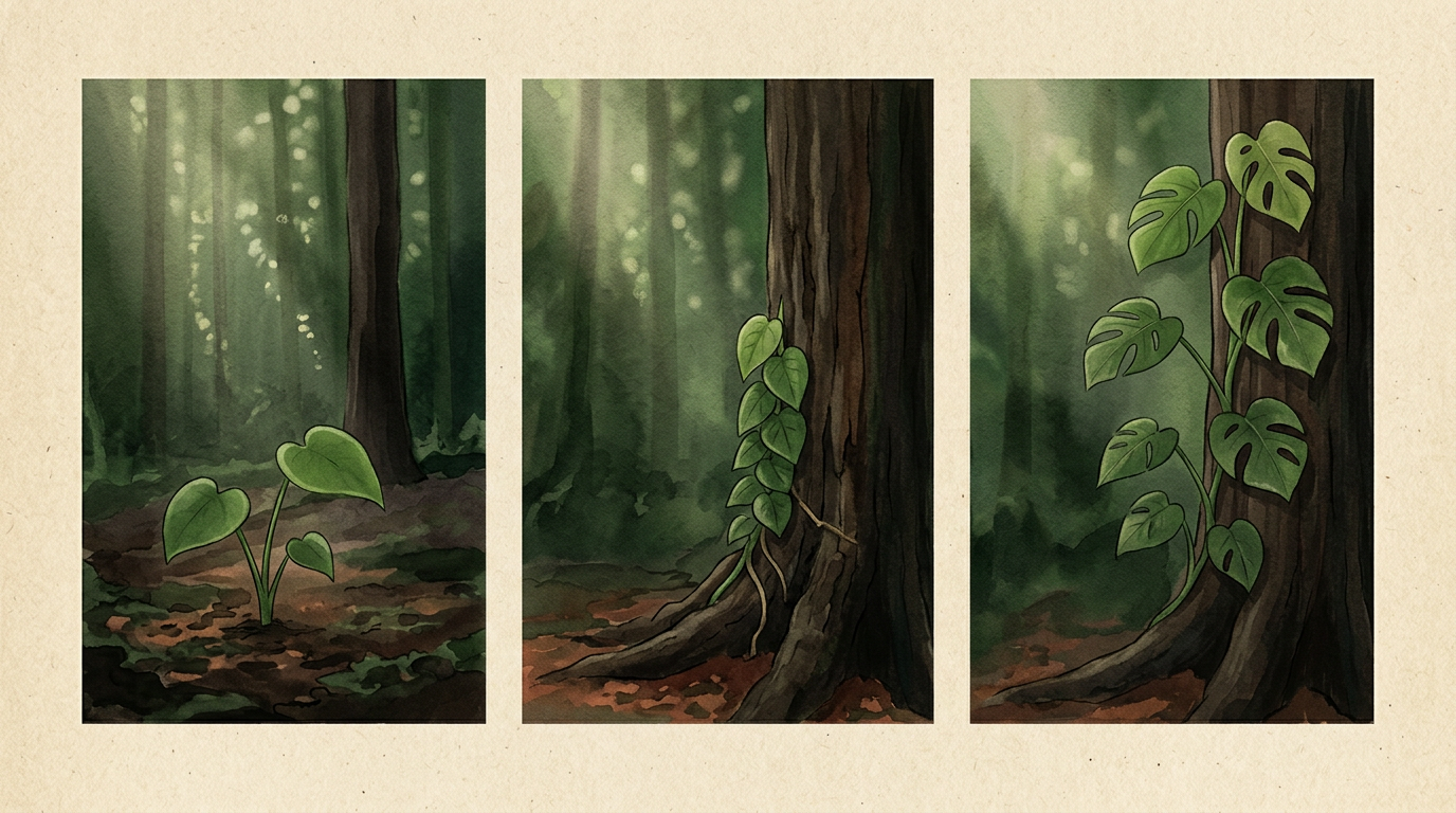 Three-panel watercolor storyboard showing a Monstera seedling's skototropic journey: growing toward a distant tree trunk on the forest floor, then arriving at the trunk base with first aerial root attaching, then climbing higher with leaves beginning to transition from juvenile shingle to adult fenestrated form